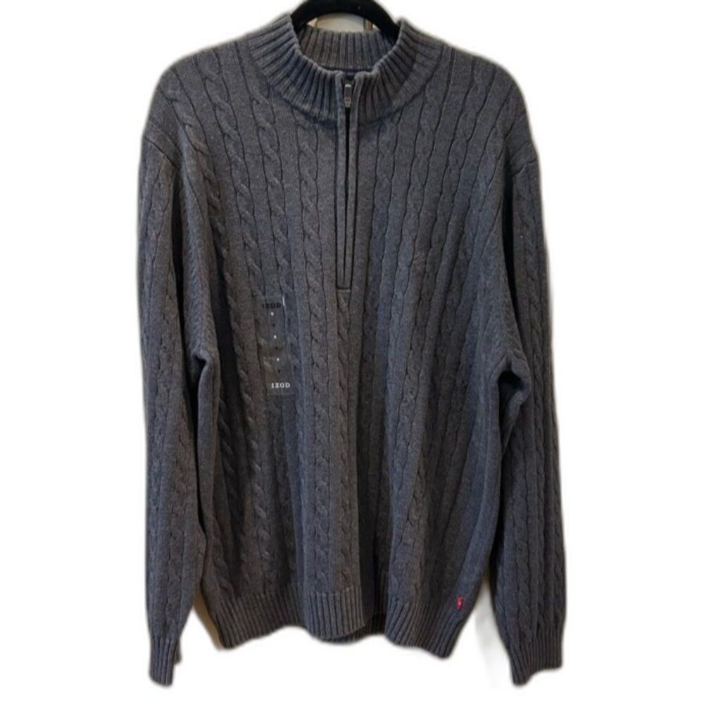 Izod Men's Charcoal Gray Cable Knit 1/4 Zip Cotton Sweater - Size Medium - New